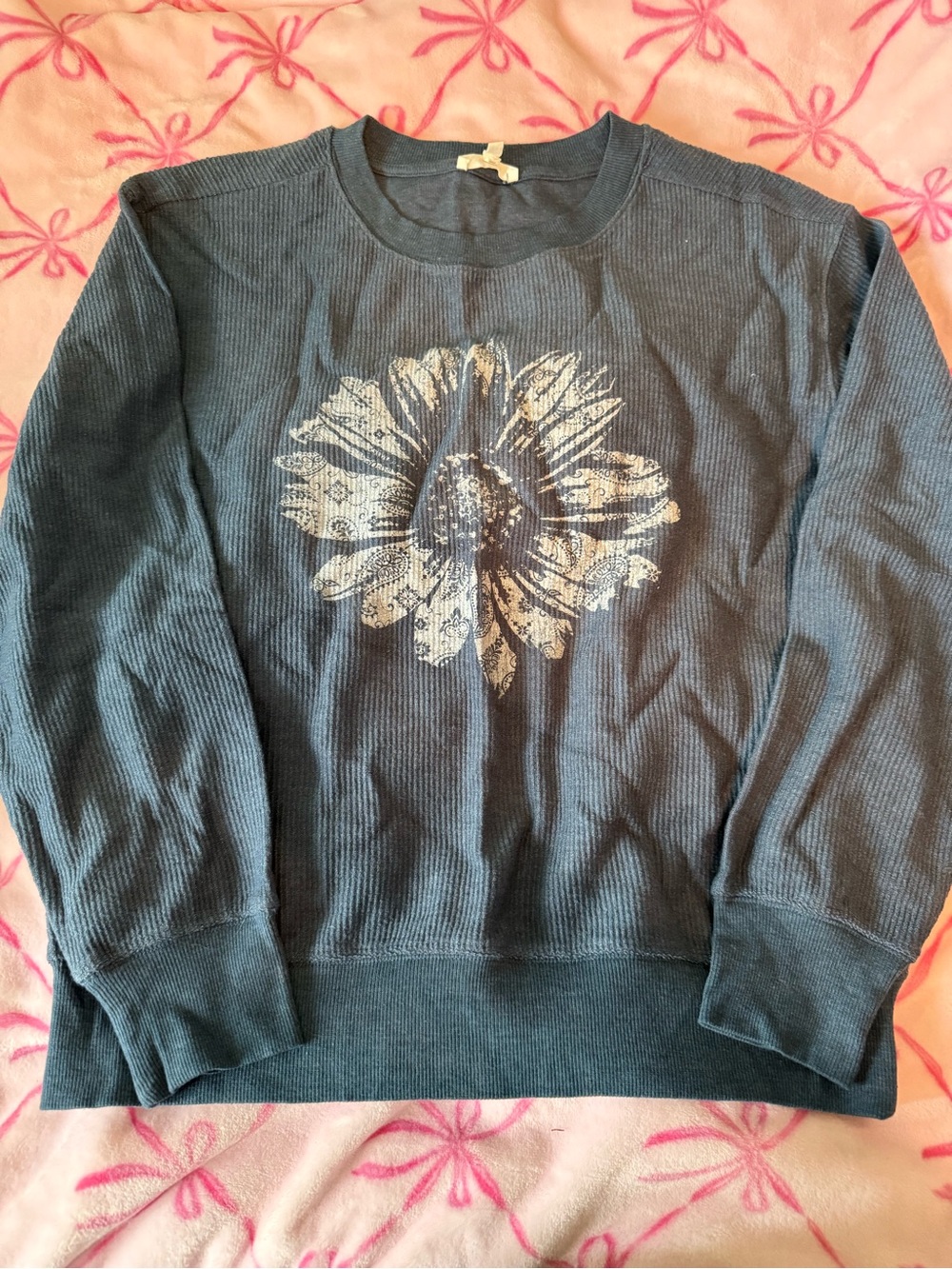 Maurices Blue Ribbed Sweatshirt with Cream Sunflower Print
